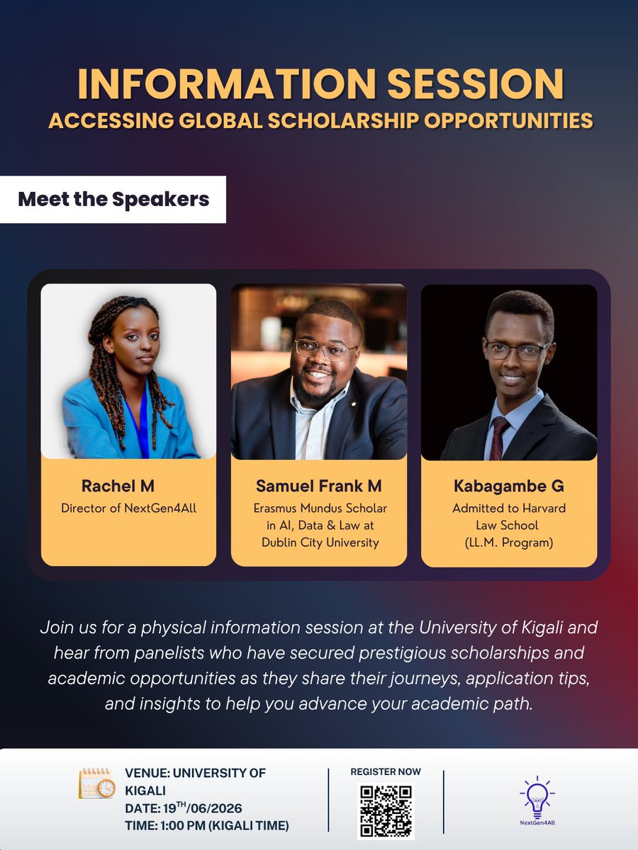 nextgen4all's tweet photo. Join us at the University of Kigali as Samuel Frank Matinou, an Erasmus Mundus Scholar in Law, Data & Artificial Intelligence, shares his journey, experiences, and insights on accessing global academic opportunities and scholarships.

📅 Date: 19 June 2026

⏰ Time: 1:00 PM (Kigali Time)

🔗 Register: https://t.co/bMY6C0kPSU