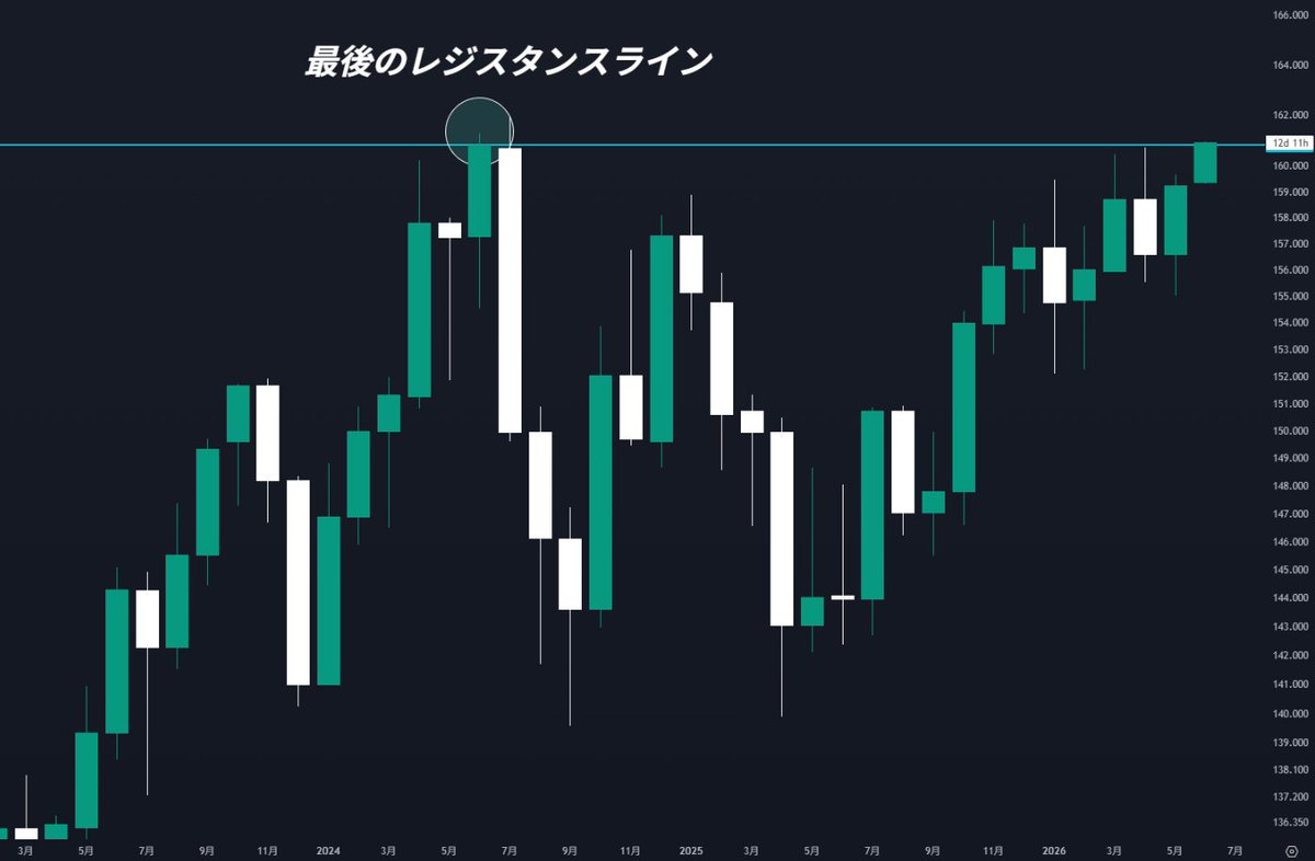 wakamn_fx's tweet photo. ドル円が2024年6月につけた正真正銘"最後のレジスタンスライン"である160.835円に到達しました。

そして6月が終わるタイミングでこのラインをブレイクするか否かが決定し、テクニカルに精通している人であればこのラインを守らなければ円安に歯止めが効かなくなると理解しているはずです。

故に私は12日以内に為替介入が発動されると予測しています。