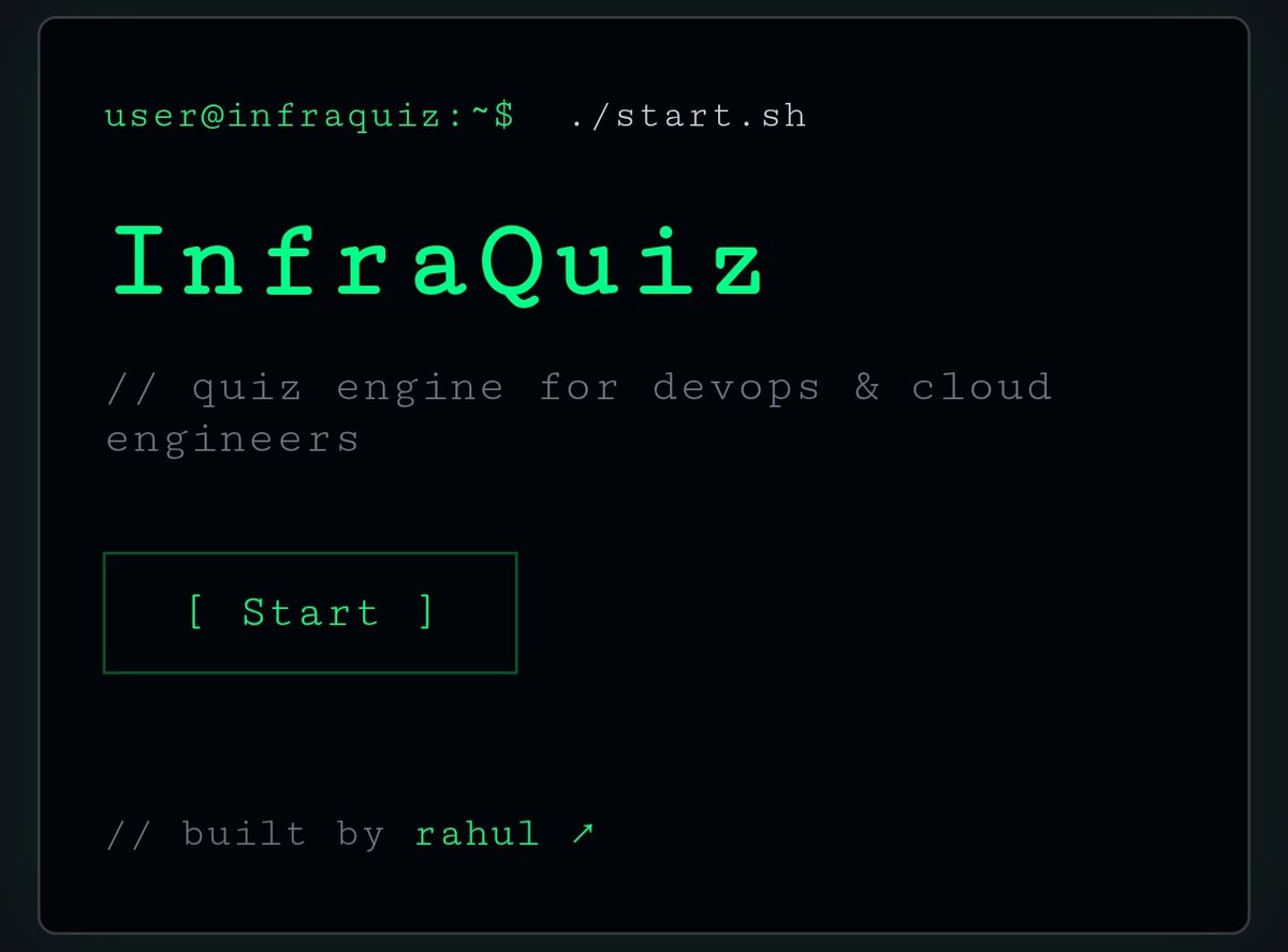 diszrahul's tweet photo. Built InfraQ 🚀

Most tech quizzes test how well you remember concepts and jargon.

InfraQ focuses on practical infrastructure, cloud, and DevOps knowledge—the kind of things engineers actually work with.

Give it a try: https://t.co/NtvzjOYuN1 https://t.co/pbXJ5zBoy1