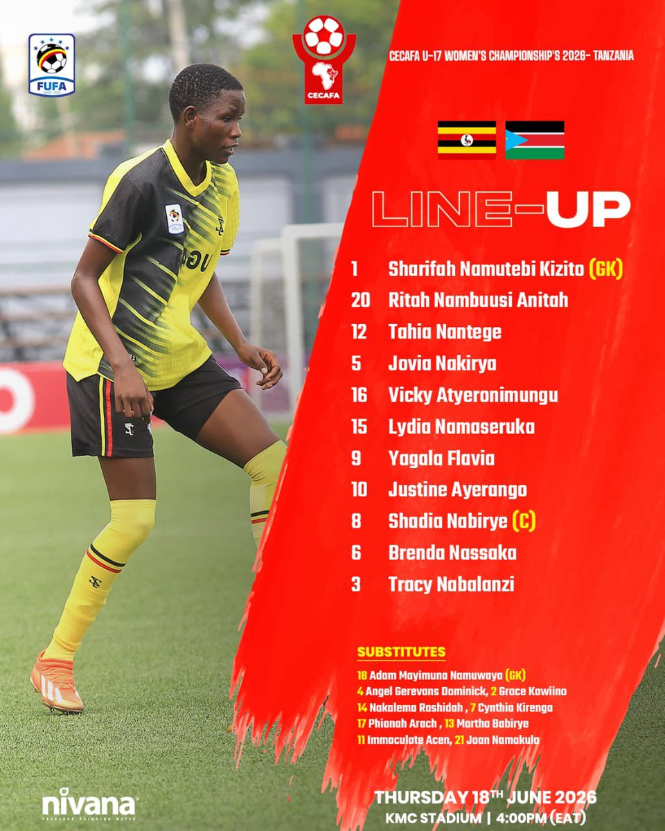 FUFAWomen's tweet photo. Team News 🗞️
Uganda U-17 starting XI against South Sudan U-17.
🕓 4:00 PM (EAT)
#UGASSD | #CECAFAU17WC26 https://t.co/JcbVxAANvJ