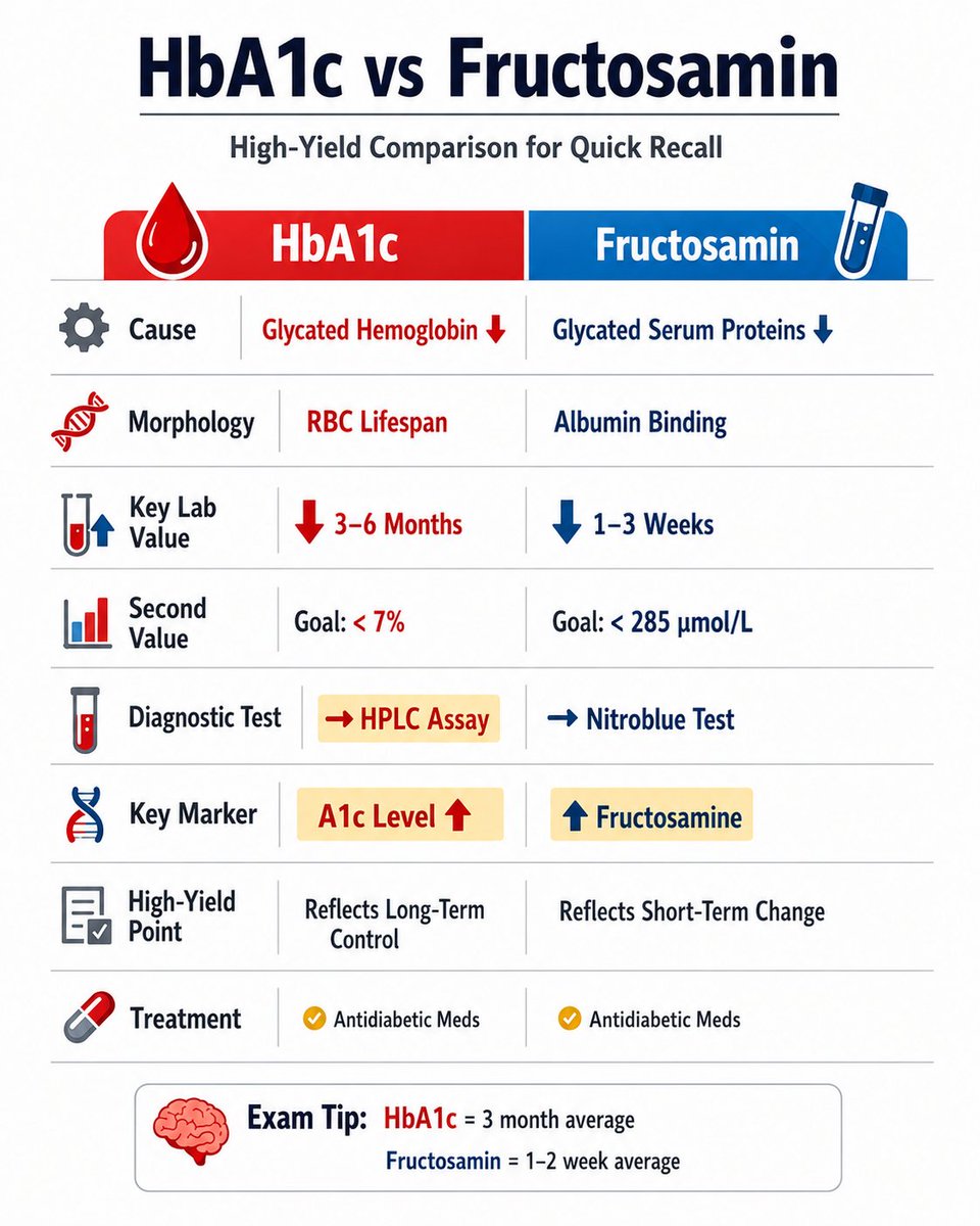 USMLERounds's tweet photo. HbA1C  vs  Fructosamine

#MedTwitter https://t.co/23RJ4WE6cX