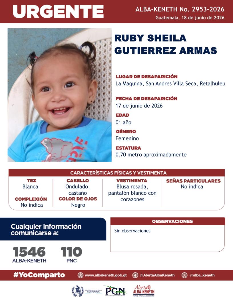 alba_keneth's tweet photo. #AlertaAlbaKeneth⚠️| Ruby Sheila Gutierrez Armas de 01 año de edad. Desapareció el 17 de junio de 2026, en La Maquina, San Andres Villa Seca, Retalhuleu.

🔁Comparte y ayúdanos con su localización.
📞Si tienes información llama al 1546. #YoComparto https://t.co/fjpvs6wEGn