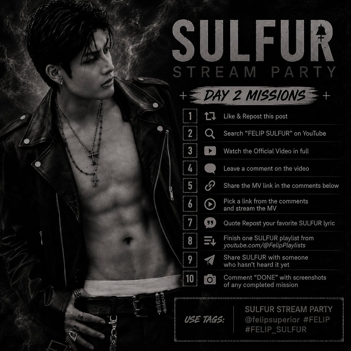 felipplaylist's tweet photo. One day down. Ready for Day 2? 🜍

Join our missions and let's keep SULFUR burning!🔥

▶https://t.co/2dk1soAXNJ

SULFUR STREAM PARTY 
@felipsuperior #FELIP
#FELIP_SULFUR https://t.co/KLwpWARuP9
