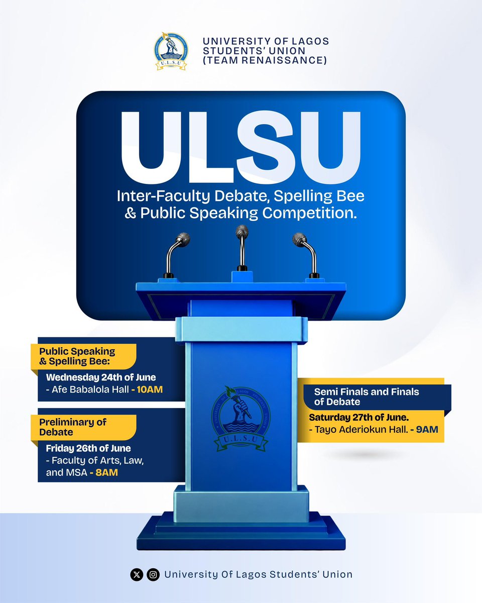 UnilagSU's tweet photo. Which faculty truly has the sharpest minds?

The stage is set for the ultimate battle of intellect as the University of Lagos Students' Union presents the Inter-Faculty Debate Competition.

One competition.
Many faculties.
One champion.

Let the contest begin!!! https://t.co/5f1DZJBSzo