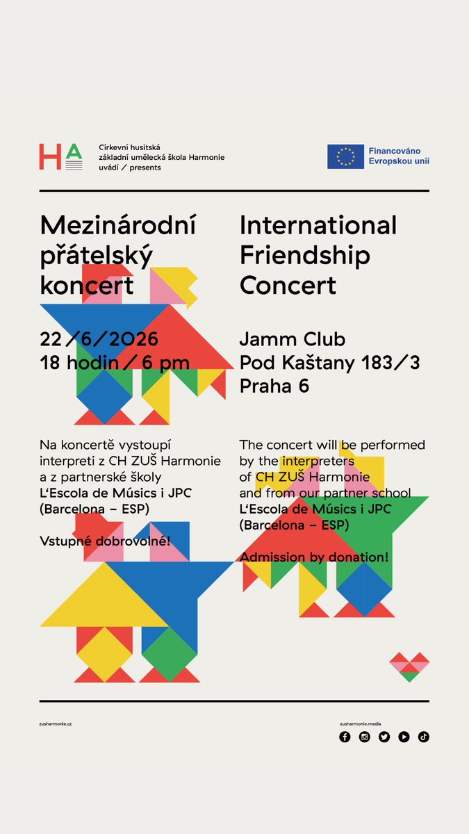 ZUSHARMONIE's tweet photo. 🎶 POZVÁNKA NA NEFORMÁLNÍ A MEZINÁRODNÍ KONCERT 🎶

🎵 Neformální koncert studentů z Barcelony
📅 pondělí 22. června 2026
🕒 15:00
📍 vstupní vestibul ZŠ Bílá

⸻

🎶 Mezinárodní přátelský koncert
📅 pondělí 22. června 2026
🕕 18:00
📍 Jamm Club, Pod Kaštany 183/3, Praha 6 https://t.co/nPzwV4jwfc