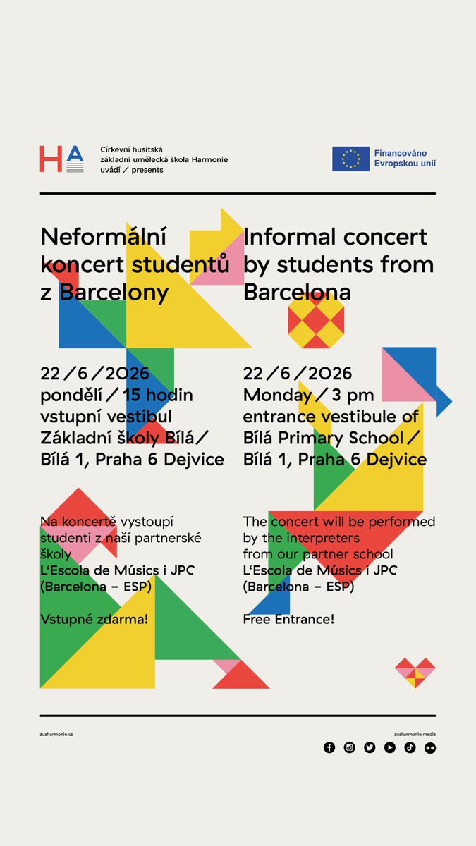 ZUSHARMONIE's tweet photo. 🎶 POZVÁNKA NA NEFORMÁLNÍ A MEZINÁRODNÍ KONCERT 🎶

🎵 Neformální koncert studentů z Barcelony
📅 pondělí 22. června 2026
🕒 15:00
📍 vstupní vestibul ZŠ Bílá

⸻

🎶 Mezinárodní přátelský koncert
📅 pondělí 22. června 2026
🕕 18:00
📍 Jamm Club, Pod Kaštany 183/3, Praha 6 https://t.co/nPzwV4jwfc