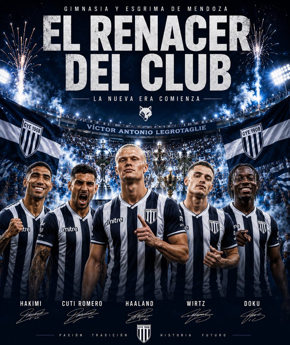 DeMendozardo's tweet photo. 💣 El mercado de pases más impactante de la historia.

Gimnasia y Esgrima de Mendoza presenta a Haaland, Hakimi, Cuti Romero, Wirtz y Doku.

El Lobo Mendocino va por todo. 🏆🐺 https://t.co/z75Z89kDPm