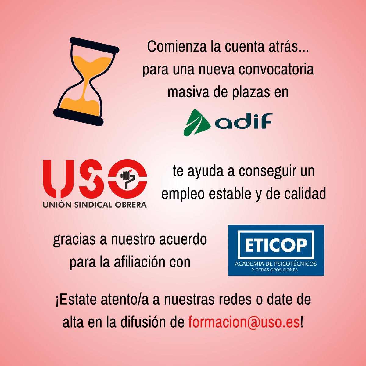 SindicatoUSO's tweet photo. 🚀 ¡AVANCE! En unos días, se publicará una oportunidad histórica, 600 plazas para Adif (factor comercial y factor de entrada).
En nuestro compromiso por cuidar de ti y de tu futuro laboral, nos hemos adelantado:
✅ Acuerdo exclusivo con Eticop, academia líder del sector, con formadores cualificados, incluyendo maquinistas experimentados.
✅ Descuentos muy importantes en tu preparación por estar afiliado/a a USO.
📩 ¿Quieres ser el primero en enterarte de todo y activar tu descuento? Apúntate a nuestro canal de difusión vía formacion@uso.es