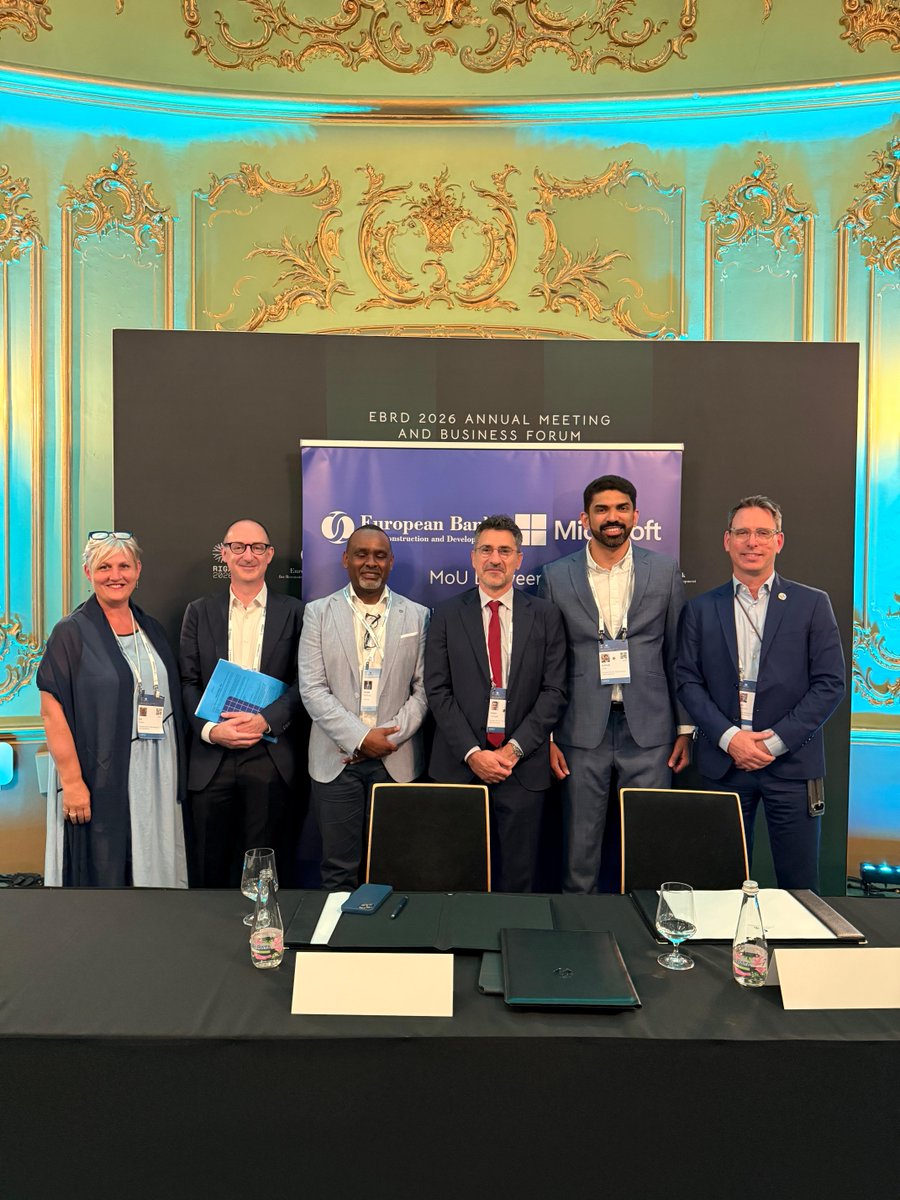 MicrosoftAfrica's tweet photo. Thrilled to announce a new partnership between Microsoft & @EBRD 🤝 Signed at #EBRDam in Riga, our MoU supports African startups with AI platforms + enablement, helping them scale, perform & attract investors. Learn more: https://t.co/QOYb1WonoZ
#MicrosoftForStartups #AI #Africa https://t.co/dCM7rVqLlY