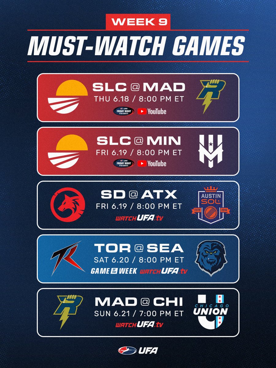 watchUFAtv's tweet photo. Midsummer heat is really ticking up in the divisional playoff races, and Week 9 features numerous head-to-head battles amongst contenders

📺 watchUFA TV + YouTube https://t.co/KMfj8XDEVX