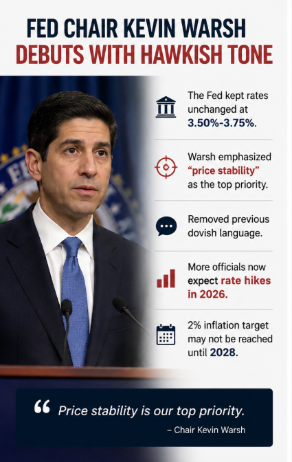 EdwardThornton_'s tweet photo. 🚨 Warsh's first Fed meeting gave the market a clear message.

The Fed kept rates at 3.50%–3.75%, but Warsh's tone was much more hawkish. He put inflation first, hinted rates could stay higher for longer, and more Fed officials now expect hikes in 2026.

📉 Market reaction:
• Dow -500pts
• Nasdaq -1.3%+
• Bond yields higher
My take: This could keep pressure on growth stocks, while financials and the U.S. dollar may continue to benefit. Definitely something I'm watching closely.
#Fed #KevinWarsh #InterestRates #StockMarket #Investing #Macro