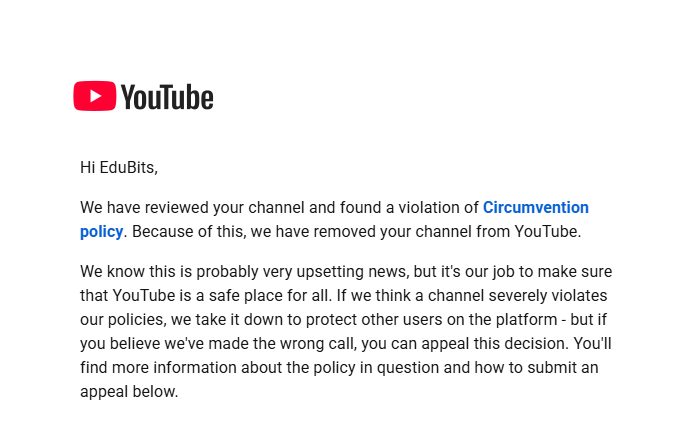 jeybshh's tweet photo. @TeamYouTube

I would like to request a review of my other two channels that were terminated for circumvention. These channels had no policy violations and seem to have been affected only due to their association with the original account.

Thank you. I can send the links of it. https://t.co/K6ZFaIKFai