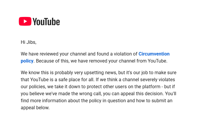 jeybshh's tweet photo. @TeamYouTube

I would like to request a review of my other two channels that were terminated for circumvention. These channels had no policy violations and seem to have been affected only due to their association with the original account.

Thank you. I can send the links of it. https://t.co/K6ZFaIKFai