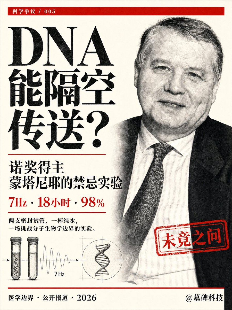 mubeitech's tweet photo. 一个拿了诺贝尔奖、发现HIV病毒的医学界泰斗，居然因为证明了“DNA能隔空传送”而被自己的国家扫地出门。

这位牛人叫 Luc Montagnier。
2008年他刚拿了诺贝尔生理学或医学奖，在法国顶级科研机构巴斯德研究所干了50年，是绝对的国宝级科学家。
但他动了不该动的蛋糕。

2009年，他做了一个直接掀翻现代分子生物学地基的实验。
两个密封的试管。
一号管，装了溶有细菌DNA的水。
二号管，纯净无菌水，里面什么都没有。

他把两个管子并排放着，没有任何物理接触，然后用 7Hz 的微弱电磁场照射了18个小时。
接下来，奇迹发生了。
他对二号管里那杯原本什么都没有的纯水，进行了 PCR 基因扩增。
结果，这杯纯水里居然凭空“长”出了和一号管一模一样的DNA序列。
准确率高达 98%。

物理实体没有发生任何位移，隔空跨越边界的，只有电磁信号。
一号管的 DNA 发射了某种电磁频率，二号管的水接收了信号，然后自我重组，把这个基因结构给“画”了出来。
这就是 DNA 的电磁传送。
水有记忆，也能充当信号的接收器。

Montagnier 兴奋地发表了论文，甚至 ：未来医学的天下属于电磁，不属于化学。
结果，法国学术界一夜之间集体破防。
曾经的国家英雄，转眼就被媒体 and 同行扣上了“伪科学”的帽子。
逼得他不得不离开法国，并留下一句话：“这里存在一种来自无知者的智力恐怖。”

最后，是中共国的上海交通大学给了他资金和实验室，让他把这个研究继续做了下去。

为什么西方学术界和制药巨头这么害怕这个理论？
因为如果人体是一个以水为介质的电磁信号网络，不单是化学分子的堆砌；
如果治病不需要吃高价药，只需要修复受损的电磁信号；
那么，现在这个建立在化学分子、抗生素、高价靶向药之上的万亿美元医药帝国，将在瞬间土崩瓦解。

2022年，Montagnier 教授去世了。
主流媒体在写讣告时，极力歌颂他发现 HIV 的功绩，却对这个改变人类命运的电磁实验只字不提。
他们可以抹去一个科学家的名字，但抹不掉已经发射出去的信号。