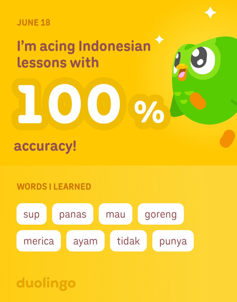 NadiaScarbrough's tweet photo. I’m learning Indonesian on Duolingo! It’s free, fun, and effective. https://t.co/GyOfdDDJqk