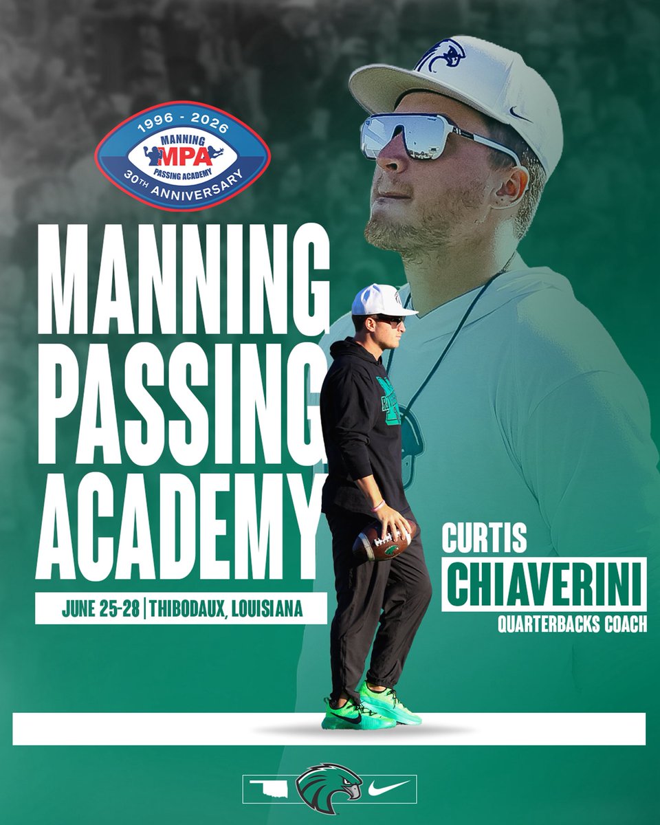NSU_Football's tweet photo. Congrats to our Quarterback Coach @chev06_ on being selected to the Manning Passing Academy as a guest coach! One of the most prestigious camps in the country! Congrats Coach!  Coach Chiaverini has developed @D1_Dsmith into one of the top QB’s in the nation! #Come2TheQuah #GRIT 🙌🔥🦅🔥🦅🔥🦅🔥🦅🔥🦅🔥🦅🔥