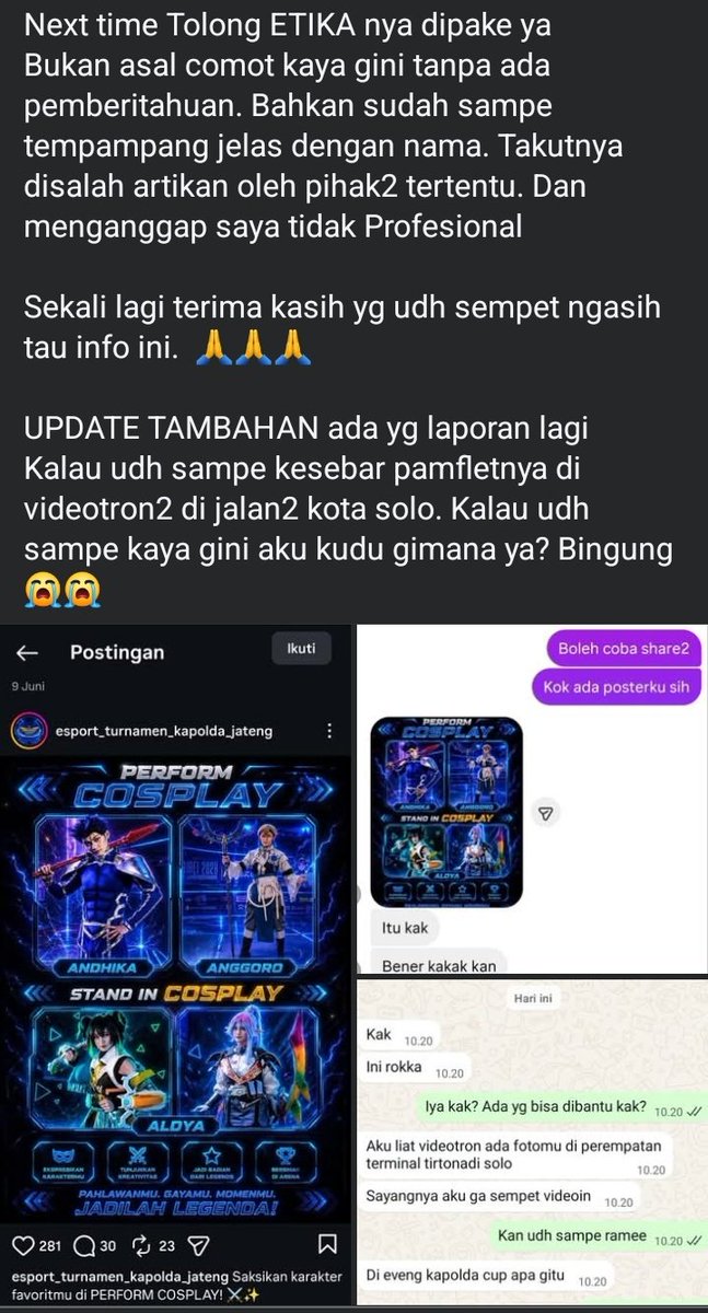 postdarifb's tweet photo. Foto seorang cosplayer dicatut dan diedit menggunakan AI oleh akun Esport Turnamen Kapolda Jateng, dan kabarnya pamflet sudah menyebar ke videotron di Solo https://t.co/jyoKl4Xb0m