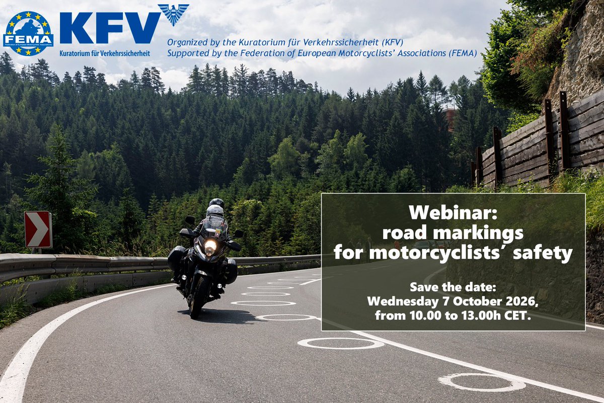 femaonline's tweet photo. We invite you to the webinar 'Road markings for motorcyclists’ safety' on Wednesday 7 October 2026, from 10.00 to 13.00h CET.

Please register via the link to receive access to the webinar: https://t.co/MG5cEiSIfm https://t.co/xYBx9vcJ0B