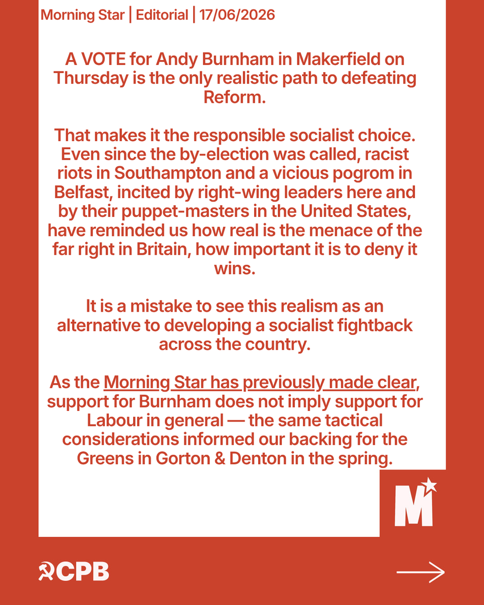 CPBritain's tweet photo. EDITORIAL: The far right thrives when the state leaves communities to rot. In Makerfield, Reform UK is pretending to be the voice of the people while protecting the same old interests. 

We have to vote against the right on July 4th. This is not because we love the alternatives. It is a strategic choice to stop the rot before we can build something better. 
.
#Makerfield #SocialistPolitics #ClassStruggle #UKPolitics