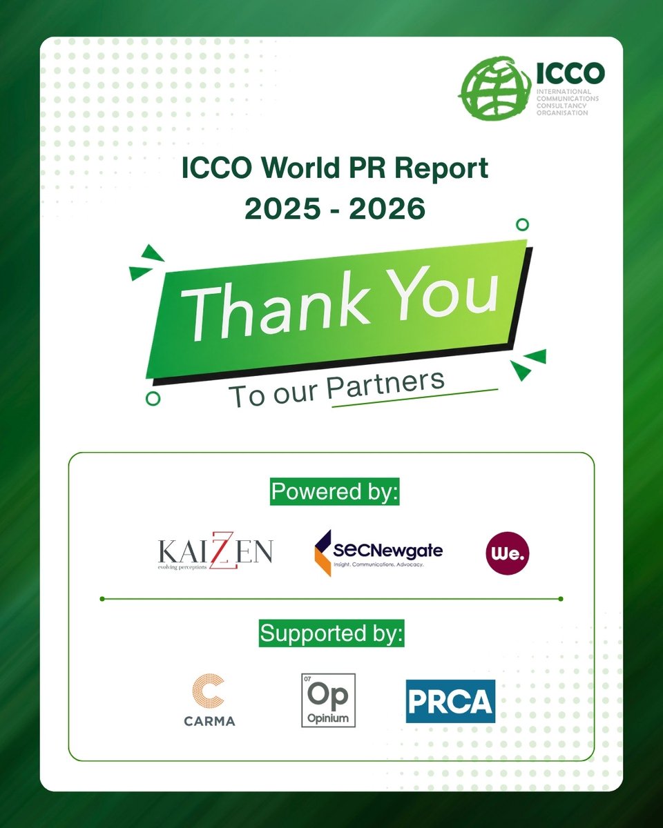 ICCOpr's tweet photo. Thank you to our partners.

The ICCO World PR Report 2025–2026 is sparking conversations across our industry — and we’re grateful to our Powered By and Supporting Partners for helping make this global initiative possible.

Together, we shape the future of communications. https://t.co/fcVF3CkmMP
