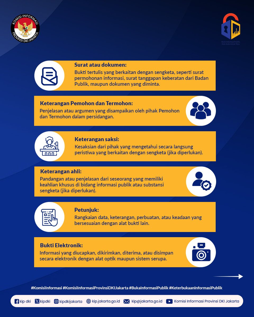 kipdki's tweet photo. Tahukah kamu? Alat bukti dalam persidangan Komisi Informasi tidak hanya berupa dokumen tertulis.

Simak jenis-jenis alat bukti yang diakui sesuai ketentuan yang berlaku.

#KomisiInformasiProvinsiDKIJakarta #BukaInformasiPublik #HakAndaUntukTahu #SengketaInformasi https://t.co/yqswF0TVqZ