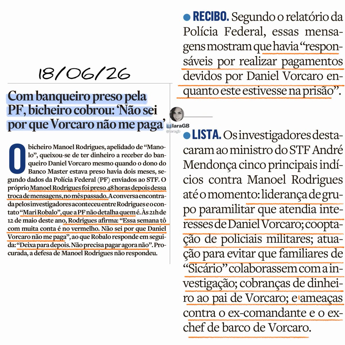 iaragb's tweet photo. Vorcaro era muito eclético‼️

Suas relações vão desde ministros do alto tribunal até bicheiros…

A PF descreve recibos, listas, ameaças e articulações com PMs, apontando Manolo como líder de grupo paramilitar, com braço armado, cobrança violenta e influência sobre agentes públicos. O ponto central: o crime organizado não opera à margem do sistema, ele opera dentro dele, com banqueiros, milicianos e intermediários conversando como se fosse rotina administrativa.