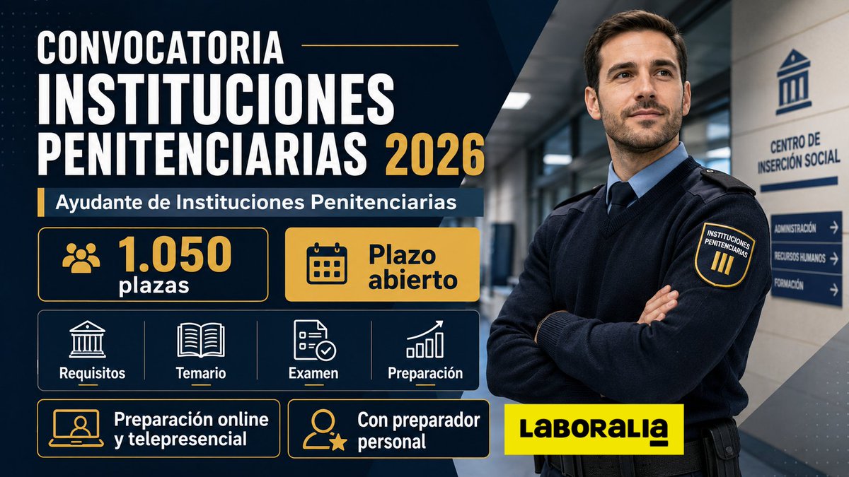 Laboralia_'s tweet photo. 📢 1.050 plazas de Ayudante de Instituciones Penitenciarias 2026 (acceso libre, sin pruebas físicas).

🗓️ Inscripción: 19 jun – 16 jul
🎓 Bachillerato o FP Medio
💶 Tasa: 15,57 €

Plaza fija y plazo corto. Te lo contamos todo 👇
 https://t.co/wkElzoPUtE https://t.co/puayUBVe17