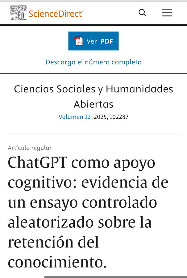 virginiog's tweet photo. ¿Usar ChatGPT para estudiar te hace aprender menos?  

Estudio revela que estudiantes que usaron IA para preparar sus tareas obtuvieron menos aciertos  

Se uso como "muleta cognitiva" sin reforzar memoria a largo plazo al eliminar esfuerzo mental  https://t.co/wngMTUidxK https://t.co/nhAo8hdmYJ