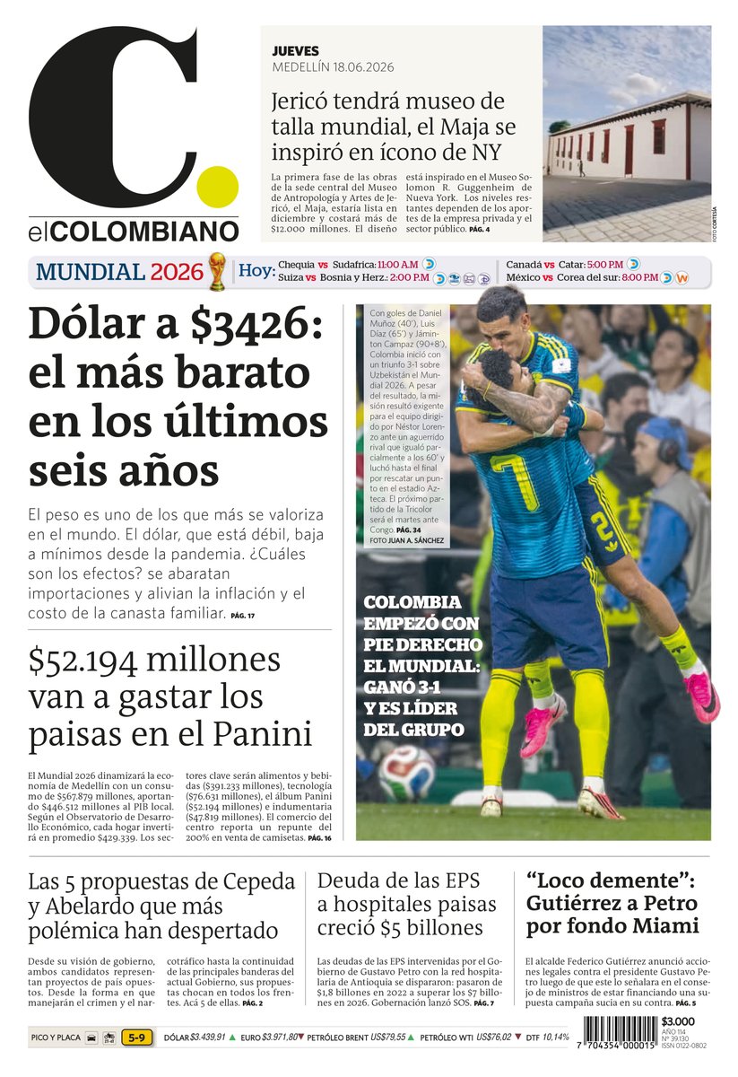 elcolombiano's tweet photo. ¡Buenos días! ☀️ Compartimos la #PortadaEC 🗞️ de este jueves, 18 de junio. Nos vemos en ➡️ https://t.co/11QZUnhezI con más noticias de Antioquia, Colombia y el mundo. 🌎 https://t.co/y21MS1qBO4