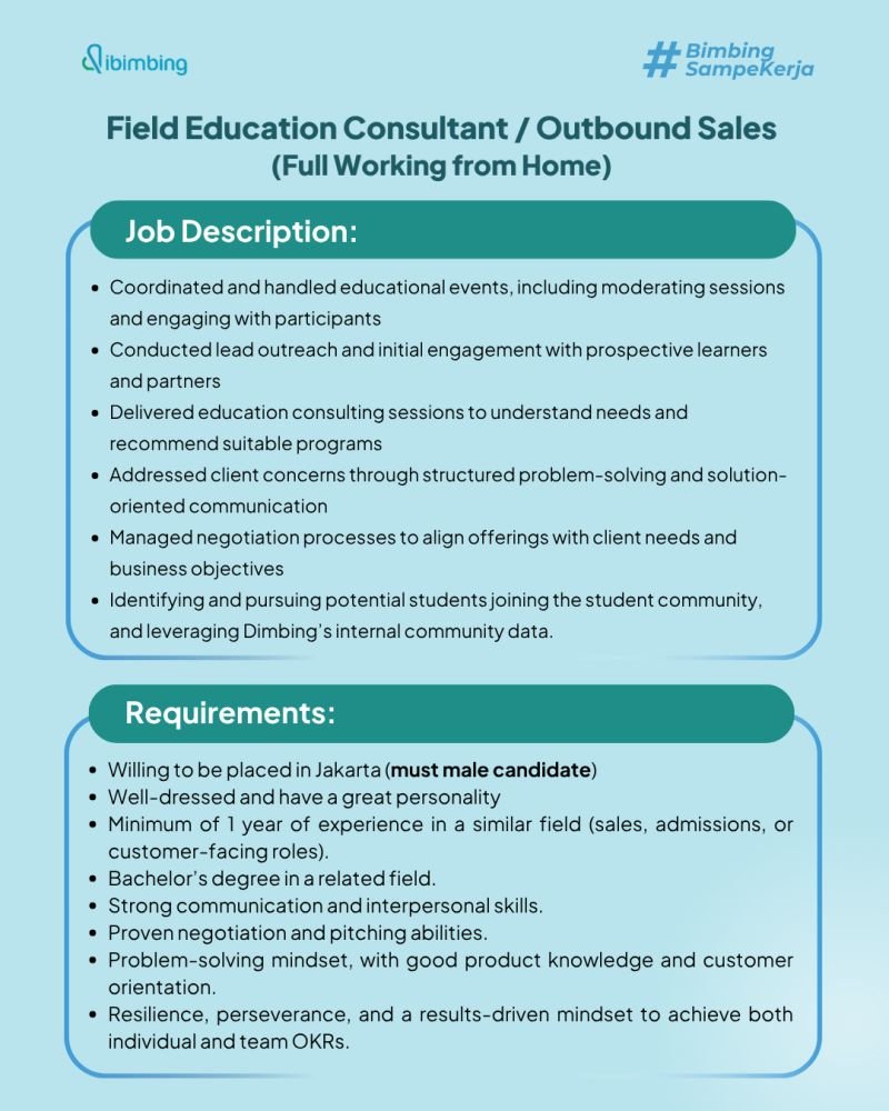 temankerjaaa's tweet photo. LOWONGAN KERJA!! Work From Home!

https://t.co/J2bXry8ByS is currently seeking qualified candidates for the following positions:
1. Student Success Advisor / Inbound Sales (WFH)
2. ⁠Education Outreach Specialist / Outbound Sales (WFH)
3. ⁠Customer Service Officer (WFH)

For the responsibilities and requirements, please refer to the flyers attached below.

How to Apply:
Please send your updated CV to recruitment@dibimbing.id cc: Agathamira.hutabarat@cakrawala.ac.id rachelvelicia24@dibimbing.id
Subject format: Position_Name

Deadline: As soon as possible!
The positions will be closed once the vacancies have been fulfilled.

We appreciate your interest and look forward to receiving your application.

⚠️ Only shortlisted candidates will be contacted.

#hiring #temankerjamu