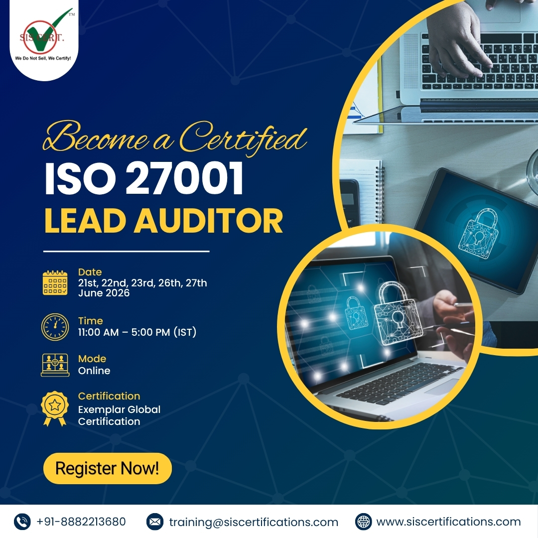 siscert's tweet photo. 🔐 Become a Certified ISO 27001 Lead Auditor!

📅 21st, 22nd, 23rd, 26th &amp; 27th June 2026
⏰ 11:00 AM – 5:00 PM (IST)
💻 Online 
🎓 Exemplar Global Certification

👉 Register Now:
https://t.co/ikHIGKPR6X

#SISCertifications #ISO27001 #LeadAuditor #CyberSecurity https://t.co/P0xaaTOCRy