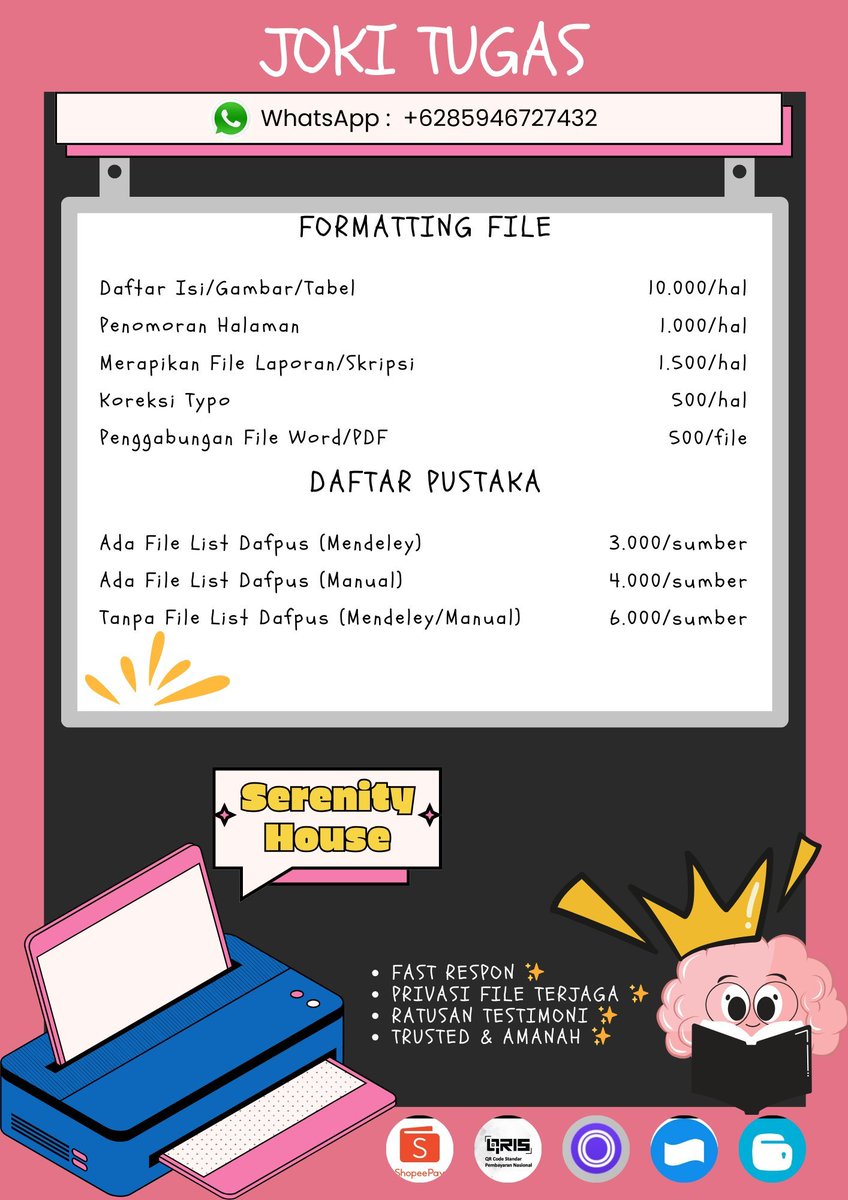 MiminSerenn5's tweet photo. Serenity House open ya love 🥰💕💕
Buat kalian yang pusing sama tugas yang menumpuk 🤕 mau cek turnitin, parafrase manual, daftar isi, penomoran halaman, formatting file, dll. Yuk mampir, kami siap membantu 🫶🫶
#zonauang #jokitugasmurah 
https://t.co/9hZ20CwjhK https://t.co/NgTVbKTfns