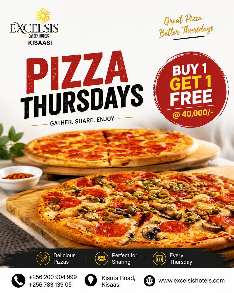 excelsisuganda's tweet photo. Thursdays are for Pizza promo at Excelsis Garden Hotel Kisaasi
#pizzaday #kisaasi https://t.co/JLccgwDmmJ