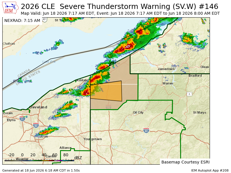 bkouchnerkavich's tweet photo. CLE issues Severe Thunderstorm Warning [tornado: POSSIBLE, wind: 60 MPH (RADAR INDICATED), hail: <.75 IN (RADAR INDICATED)] for Crawford, Erie [PA] till 8:00 AM EDT https://t.co/1K8eWgDlde https://t.co/tZo1rJC04y