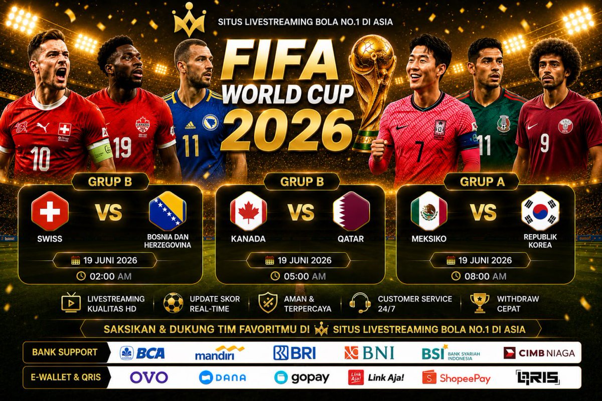 xcbailu's tweet photo. ✨𝚃𝙷𝙴 𝚁𝙾𝙰𝙳 𝚃𝙾 𝙶𝙻𝙾𝚁𝚈✨🏆
📅 19 Juni 2026
🇨🇭 Swiss vs Bosnia &amp; Herzegovina🇧🇦
🇨🇦 Kanada vs Qatar 🇶🇦
🇲🇽 Meksiko vs Republik Korea 🇰🇷

code_promo[𝐅𝐫𝐞𝐞𝐜𝐡𝐢𝐩𝐌𝐞𝐠𝐚𝐥𝐢𝐯𝐞99]
Link login : https://t.co/JBa7wiE7PH

#MahasiswaDitunggangi #MEGALIVE99 #FIFAWorldCup https://t.co/KfWHlDaw3b