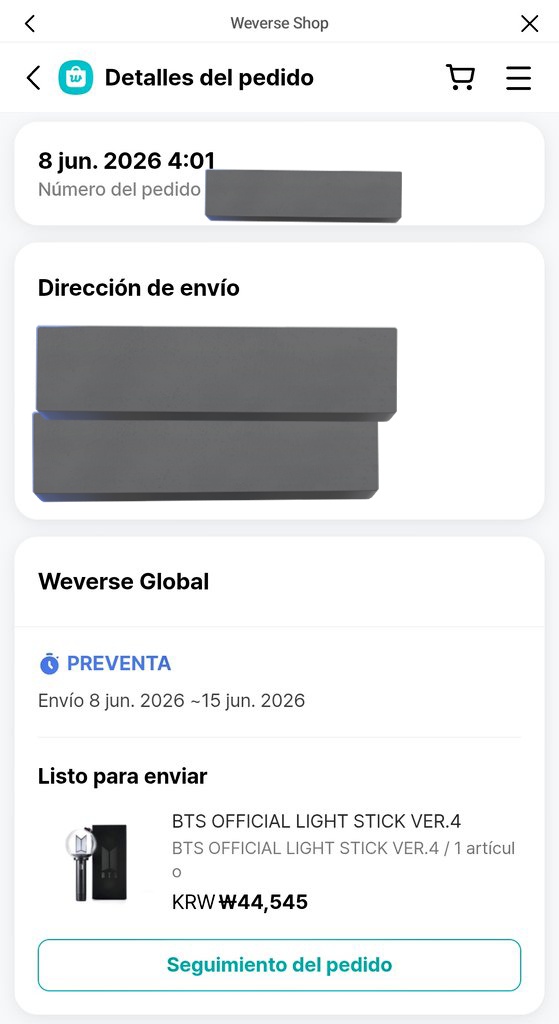 Valx__25's tweet photo. El 8 de Junio compré la army bomb, después de que en la anterior me la cancelaran sin motivo alguno, la conseguí. La pedí ya que supuestamente me llegaría a tiempo para el concierto del 26, la army bomb no se ha movido del almacen, y weverse no me da soluciones ni respuestas. https://t.co/k4EqzGAeCW