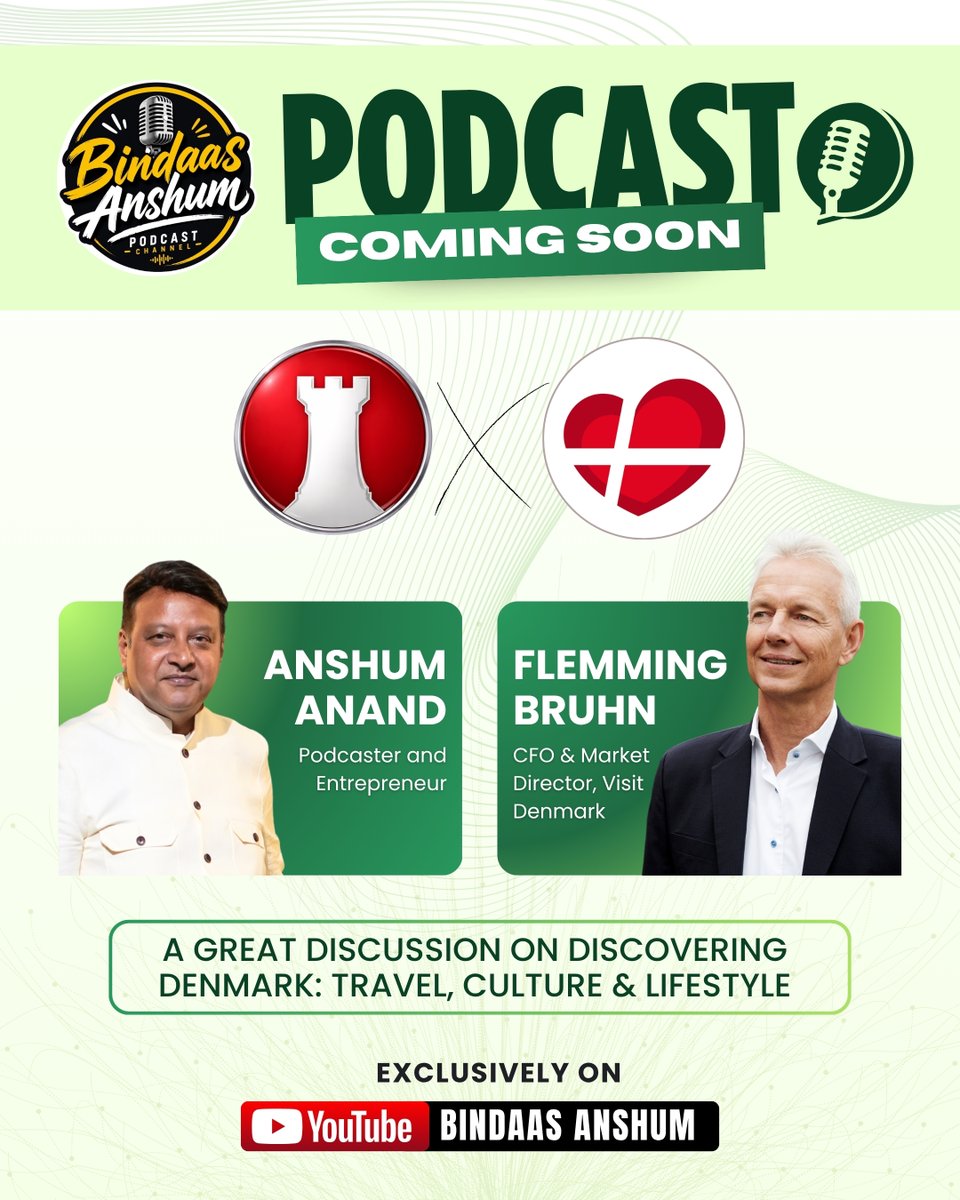 anshum77's tweet photo. An exclusive podcast with Mr. Flemming Bruhn (CFO & Market Director, Visit Denmark) is coming soon on: "Discovering Denmark: Travel, Culture & Lifestyle"

Join us as we explore Denmark's world-renowned attractions, unique culture, sustainable lifestyle, and unforgettable travel experiences.

Stay tuned... Coming Soon!

#BindassAnshum #VisitDenmark #TravelPodcast #Denmark 
#goeurope #gatewaysofeurope #gatewaysdmc #gatesethfoundation