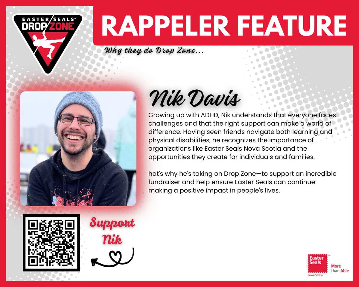 eastersealsns's tweet photo. Meet Nik, one of our incredible Drop Zone Halifax 2026 participants.

Inspired by Niks' story? Help him reach his fundraising goal by donating today.

 Donate by scanning the QR code, or visit Nik's fundraising page: https://t.co/QgtMjDEccy https://t.co/bMyomh8SYz