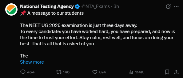 IEC_Voice's tweet photo. "Protecting honest, hardworking students."
That's the promise made by NTA ahead of #NEET2026.
Now the responsibility is clear: conduct transparent and leak-free examination.Millions of students are counting on it.
Best wishes to all aspirants. 📚🙏

#NEET #StudentVoice #Education https://t.co/So3GwfkNqT