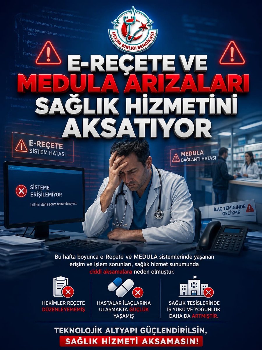 hekim_birligi's tweet photo. E-Reçete ve MEDULA Sistemlerinde Yaşanan Aksaklıklar Sağlık Sistemini Durma Noktasına Getirmiştir

Bu hafta e-Reçete ve MEDULA sistemlerinde yaşanan arızalar, hekimlerin iş akışını ciddi şekilde aksatmış, sağlık hizmet sunumunda önemli sorunlara yol açmıştır.

Günlerdir süren erişim ve işlem problemleri nedeniyle reçete işlemleri tamamlanamamış, hastalar ilaçlarına ulaşmakta güçlük yaşamış, oluşan mağduriyetin yükü ise yine hekimlerin üzerine bırakılmıştır.

Sağlık hizmetinin temel bileşeni olan dijital altyapının bu denli sık ve uzun süreli kesintilere uğraması kabul edilemez. 

Hekimler teknik aksaklıklarla değil, hastalarıyla ilgilenmelidir.

Yetkilileri yaşanan sorunların nedenlerini açıklamaya, gerekli altyapı iyileştirmelerini hızla gerçekleştirmeye ve benzer mağduriyetlerin tekrar yaşanmaması için kalıcı çözümler üretmeye davet ediyoruz.

@saglikbakanligi @drmemisoglu