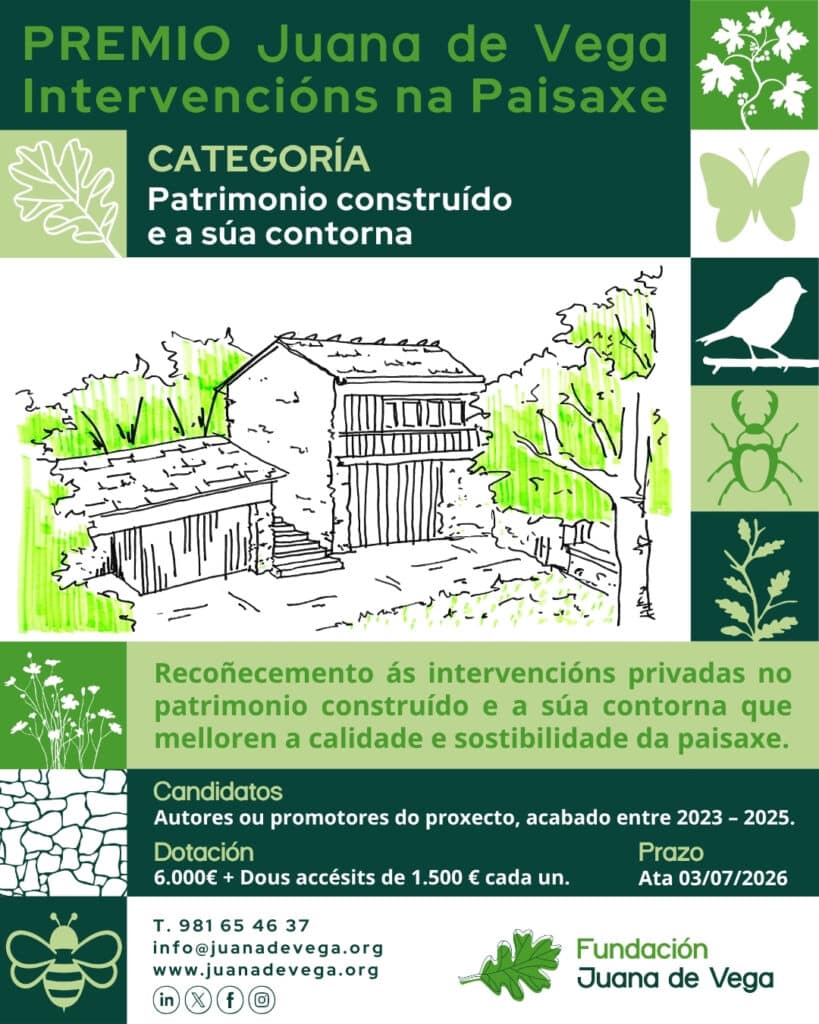 galiciagronomos's tweet photo. 📢📅 Quedan pouco máis de dúas semanas para que remate o prazo de envío de candidaturas ao Premio de Intervencións na Paisaxe 2026 da @fjuanadevega.

🏛️Para obras rematadas entre 2023 e 2025.

💶 Premio de 6.000 €, con dous accésits de 1.500 €.

🔗 https://t.co/kq9O7BlJe3. https://t.co/VnxpVNZY9E