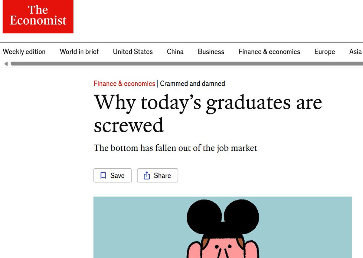 sanz_ismael's tweet photo. Cada vez más graduados descubren que el viejo contrato social se ha roto: estudiar una carrera ya no garantiza empleo estable, salarios altos ni trayectorias ascendentes. The Economist: Si cae la prima salarial universitaria y empeora la inserción laboral, toca repensar qué universidad, para qué empleos y con qué habilidades 
https://t.co/M5HM3vhmrW
https://t.co/wLTnUTjDpv