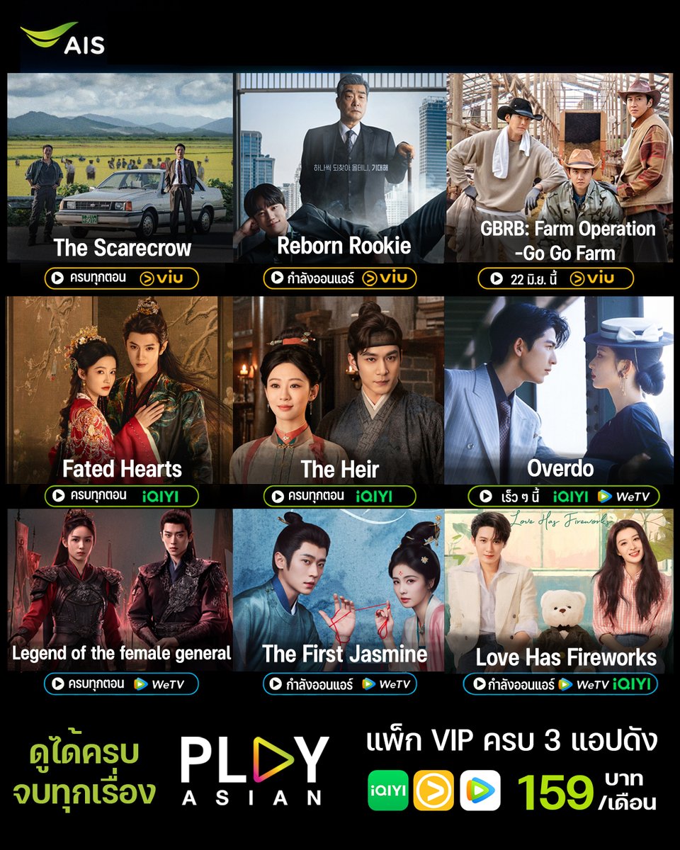KodhitHD's tweet photo. ช่วงนี้มีทั้งซีรีส์ที่เพิ่งจบ เรื่องใหม่ที่กำลังออนแอร์ และรายการวาไรตี้น่าดูเยอะมากกก จนเลือกไม่ถูกว่าจะเริ่มจากเรื่องไหนดี เราเลยมัดรวมลิสต์จากแอปดัง iQIYI, Viu และ WeTV ที่ต้องดูมาให้แล้ว ใครกำลังหาลิสต์ไว้ดูยาว ๆ เดือนนี้ เซฟโพสต์นี้ไว้ได้เลย

แล้วถ้าใครอยากเก็บครบทุกเรื่องฮิต นี่เลย PLAY ASIAN จาก AIS

แพ็กเกจที่ดีต่อใจมากไม่ต้องเลือกให้ปวดหัวแล้วว่าจะสมัครแอปไหนดี เพราะ PLAY ASIAN จาก AIS รวม VIP 3 แอปดังไว้ให้ครบทั้ง iQIYI, Viu และ WeTV ดูได้ยาว ๆ ทั้งเดือนในแพ็กเดียว บอกเลยว่าแต่ละแอปมีของดีไม่แผ่วจริง ๆ

เริ่มที่ฝั่ง Viu กันก่อน
- The Scarecrow (ครบทุกตอน) เรื่องนี้เพิ่งจะจบไป อ้างอิงจากคดีฆาตกรรมต่อเนื่องฮวาซอง ซีรีส์สืบสวนเข้มข้นที่ดูแล้วหยุดยาก ทั้งบรรยากาศกดดัน เนื้อเรื่องคม และประเด็นที่สะท้อนระบบยุติธรรมได้เจ็บมาก

- Reborn Rookie (กำลังออนแอร์) เรื่องนี้เปิดมาสนุกเลย เดินเรื่องไว มีทั้งความพีค ความลุ้น และพล็อตสลับชีวิตที่ชวนติดตามมาก ประธานใหญ่อยู่ในร่างนักฟุตบอลและกลายมาเป็นเด็กฝึกงานในบริษัทตัวเอง

- GBRB: Farm Operation - Go Go Farm (22 มิ.ย.) วาไรตี้ที่เฝ้ารอมาก อูบิน กวางซู และคยองซูกลับมาอีกครั้ง รอบนี้พาไปลุยฟาร์ม รอดูความตลกธรรมชาติของแก๊งนี้ได้เลย

ฝั่งจีนก็มีให้ดูแบบจุก ๆ จาก iQIYI และ WeTV สายเริ่มต้นเข้าวงการซีรีส์จีนแบบแอด บอกเลยว่าเดือนนี้มีหลายเรื่องน่าลองมาก เรื่องที่แอดเฝ้ารอวันประกาศสตรีม สุด ๆ ก็ต้องยกให้ Overdo ที่ลงสตรีมทั้งสองแอป

iQIYI ที่ตอนนี้มี
- กงสีสีหมึก (The Heir) - ครบทุกตอนแล้ว ซีรีส์ย้อนยุคแนวชีวิตเล่าเรื่อง “การทำหมึกโบราณ” งานภาพสวยมาก เนื้อเรื่องเต็มไปด้วยเรื่องราวของธุรกิจการค้า การวางแผน แข่งขัน เกมตระกูล และการเมือง การกอบกู้กิจการทำหมึกของตระกูล

WeTV
- ชายาเคียงหทัย (The First Jasmine) ที่กำลังออนแอร์อยู่ คุณหนูใหญ่ที่ต้องแต่งงานกับท่านอ๋องขาพิการผู้เก็บตัวเงียบ ท่ามกลางสมรภูมิการเมืองและศึกสายเลือดในราชสำนัก ทั้งคู่ต่างมีบาดแผลและความแค้นที่รอวันชำระ จึงจับมือสลับหน้ากากเข้าสู้ศึกชิงอำนาจ... จนความใกล้ชิดเปลี่ยนจากคู่ผลประโยชน์ สู่รักแท้เพียงหนึ่งเดียวที่พร้อมเคียงบ่าเคียงไหล่ไปจนสุดทาง!

- เมื่อรักส่องประกาย (Love Has Fireworks) ที่กำลังออนแอร์อยู่ จากคนแปลกหน้าที่ต้องมาอยู่บ้านเดียวกัน กลายเป็นคู่กัดในที่ทำงาน ความสัมพันธ์ที่เริ่มต้นแบบไม่คาดคิด จึงเต็มไปด้วยเรื่องวุ่น ๆ และความรู้สึกที่ค่อย ๆ ก่อตัวขึ้น  นำแสดงโดย #ถานเจี้ยนซื่อ #หวังฉู่หรัน เรื่องนี้สตรีมทั้ง WeTV และ iQIYI

ส่วนใครที่ชอบตามเก็บเรื่องจบแล้ว แอดก็ขอแปะลิสต์ไว้อีกนิด แอดก็กำลังตามเก็บเช่นกัน
- อริรักลิขิตใจ (Fated Hearts) ทาง iQIYI
- เหนือสมรภูมิ (Legend of the Female General) ทาง WeTV

ไม่ว่าจะสายเกา สายจีน สายพีเรียด สายสืบสวน หรือสายวาไรตี้ แพ็กเกจ PLAY ASIAN ตอบโจทย์มากสมัครครั้งเดียว ดูได้ครบ 3 แอป ไม่ต้องสลับสมัครหลายที่ให้วุ่นวาย

.
แพ็กเกจ PLAY ASIAN จาก AIS ดูได้ครบ 3 แอปดังแบบคุ้มที่สุด iQIYI, Viu และ WeTV แบบ VIP  พร้อมช่องพรีเมียมที่ AISPLAY แพ็กเกจรายเดือน 159 บาท สมัครกด*678*159# 📞 หรือ https://t.co/u9h60wjBWQ

.
#AISPLAY #PLAYASIAN #นักดูซีรีส์มืออาชีพต้องมี #AIS5G #ซีรีส์เกาหลีที่Viu #iQIYI #Wetvth