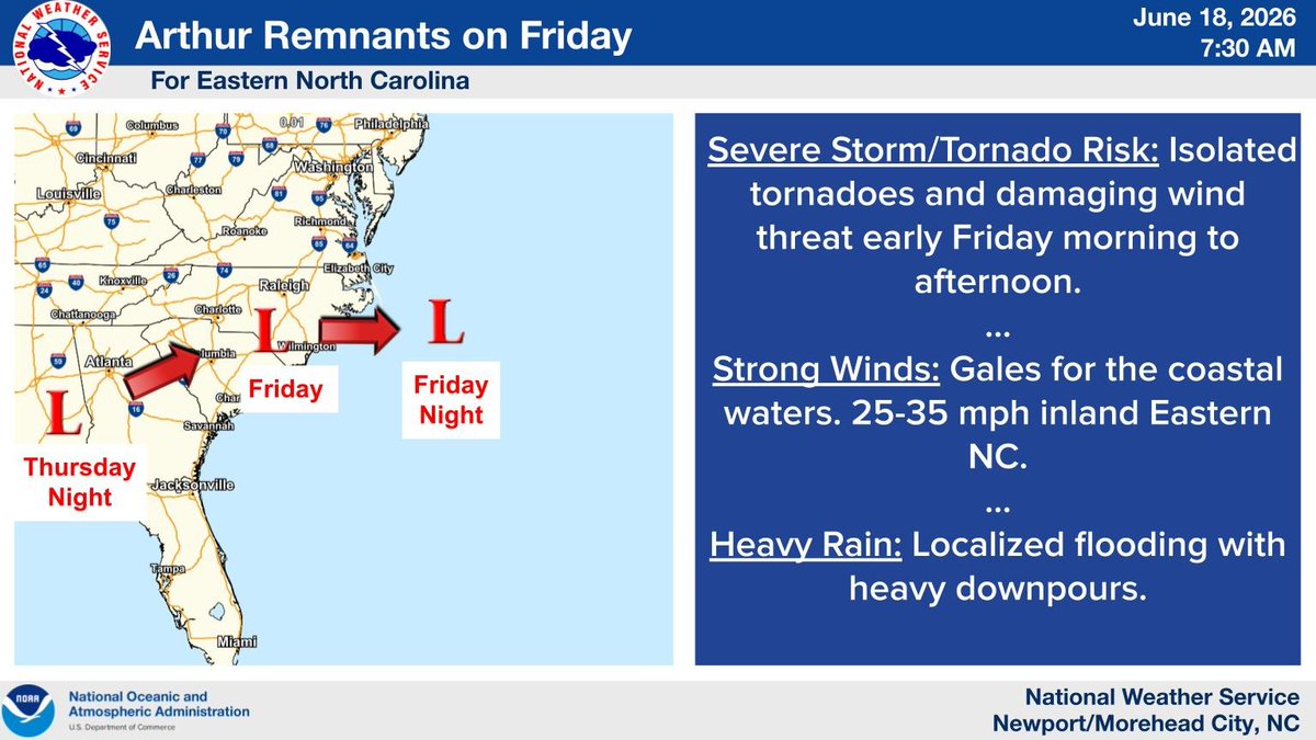 Forecast for the possible threats from the remnants of Arthur on Friday.