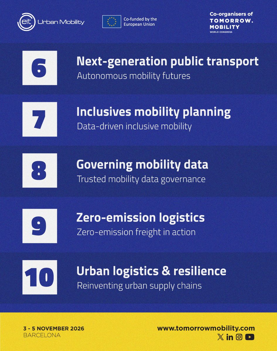 EITUrbanMob's tweet photo. 🚨 What will mobility leaders be talking about this November?

🚍 Next-gen public transport
📦 Urban logistics
🤝 Inclusive mobility
🌱 Pollution data platforms

Explore the key themes of #TMWC26 and join the conversation.

🎫 https://t.co/IgKIagKcle https://t.co/Ufz0KA3Syy