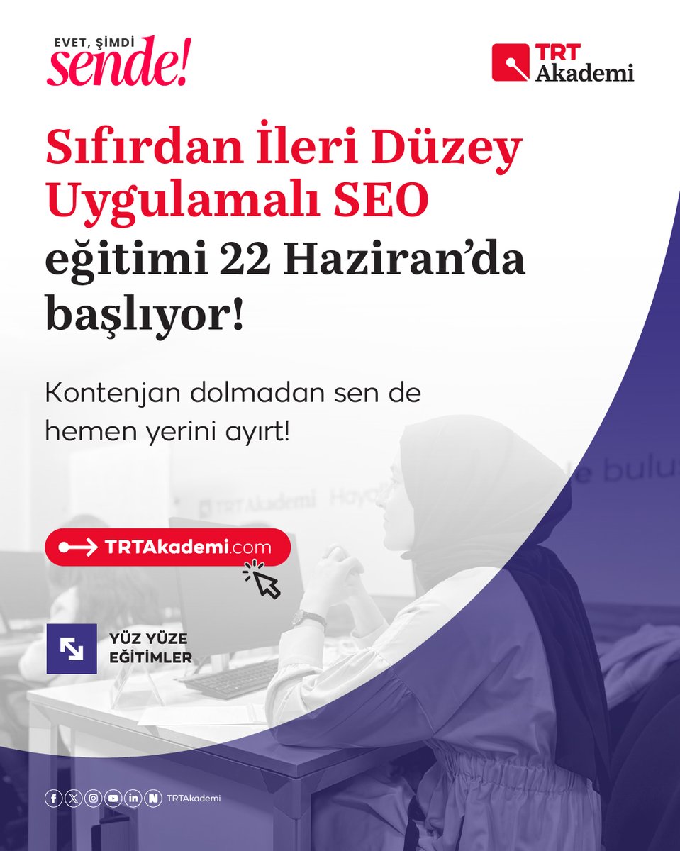 trtakademi's tweet photo. Site içi mimari, görsel optimizasyon, URL yapısı...

22 Haziran’da “Sıfırdan İleri Düzey Uygulamalı SEO (Arama Motoru Optimizasyonu)” eğitiminde buluşuyoruz! 🚀

Kontenjan dolmadan sen de şimdi eğitime başvur. 📲📱

👉 https://t.co/gDwrs9seoH https://t.co/v8ERYGbr4C