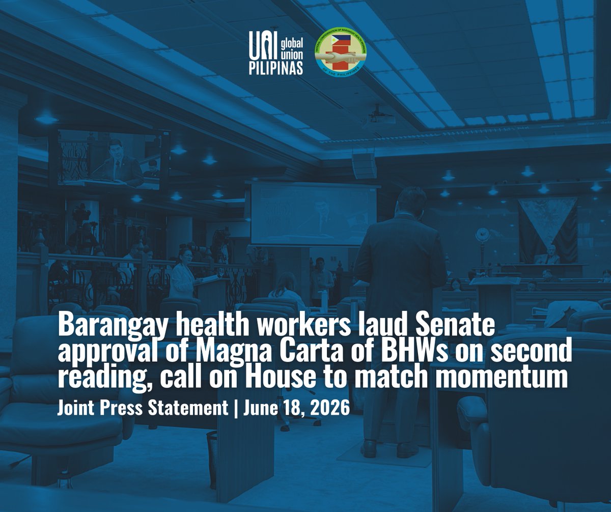 uniplc's tweet photo. ‘NO MORE WAITING!’

UNI-PLC and the National BHW Confederation laud the Senate for passing the long-overdue Magna Carta of Barangay Health Workers on second reading yesterday, June 17. #UNICarePH

Read our joint press statement below 👇 https://t.co/rI5gYFZzeV