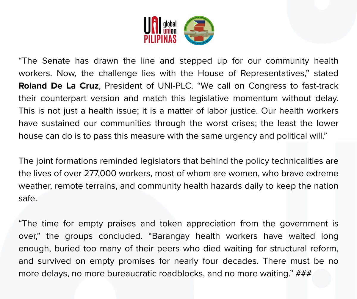uniplc's tweet photo. ‘NO MORE WAITING!’

UNI-PLC and the National BHW Confederation laud the Senate for passing the long-overdue Magna Carta of Barangay Health Workers on second reading yesterday, June 17. #UNICarePH

Read our joint press statement below 👇 https://t.co/rI5gYFZzeV