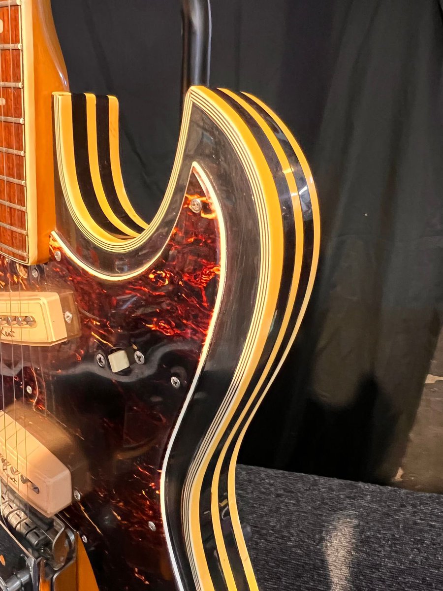 namracka's tweet photo. c. 1967–1968 Japan Guyatone Kent 740 Yellow Sunburst double-cut solidbody with laminated flame maple top and back, bound body with black and cream side stripes, bound rosewood fingerboard with block inlays, bolt-on three-piece maple and mahogany neck, Kent vibrato with integrated bridge mute, tortoiseshell pickguard, two cream Guyatone-built Kent single-coil pickups with exposed adjustable polepieces and individual on/off rocker switches, separate volume and tone controls for each pickup plus rhythm/solo switch, enclosed tuners and pearl headstock ornamentation, built by Tokyo Sound Co Ltd (Guyatone) Tokyo, Japan

Kent was the export brand by Guyatone and the model 740 was produced by Tokyo Sound Co Ltd

https://t.co/kzyrZmTUSG