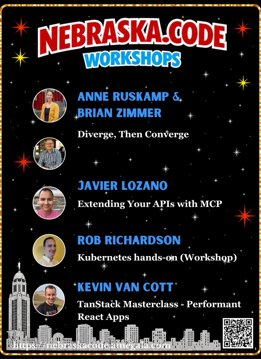 amegala's tweet photo. Anne Ruskamp, Brian Zimmer, @jglozano, @rob_rich & @KevinVanCott have full-day Workshops at Nebraska.Code() July 22nd.
https://t.co/bkqikbHxXW
#TechWorkshop #JavaScript #OSS #TanStack #FrontEnd #Cloud #OpenSource #Kubernetes #Docker #AzureContainerService #AKS #API #MCP #LLM #ProductLifecycle #ProjectManagement #Scrum #Nebraska @DontPanicLabs @lozanotek @tan_stack #TechConf #DevConf #SiliconPrairie